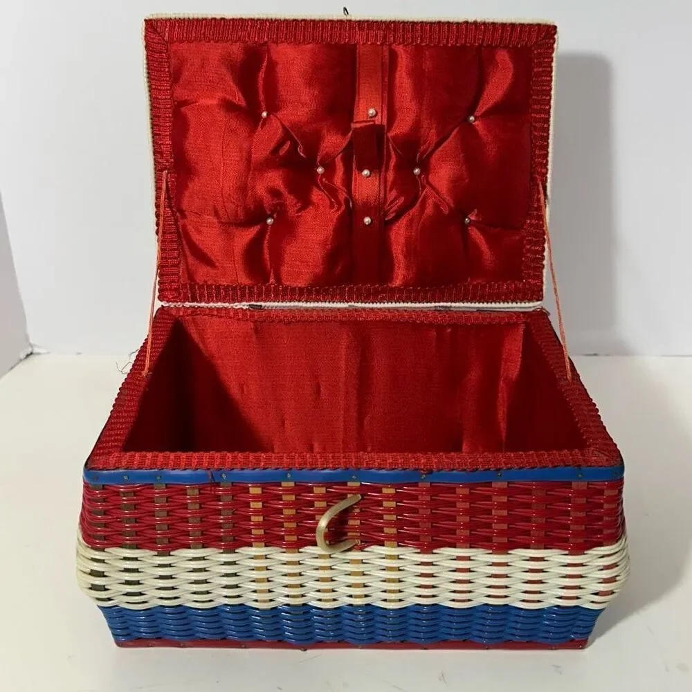 Vintage Red/White/Blue Sewing Basket with Satin Lining